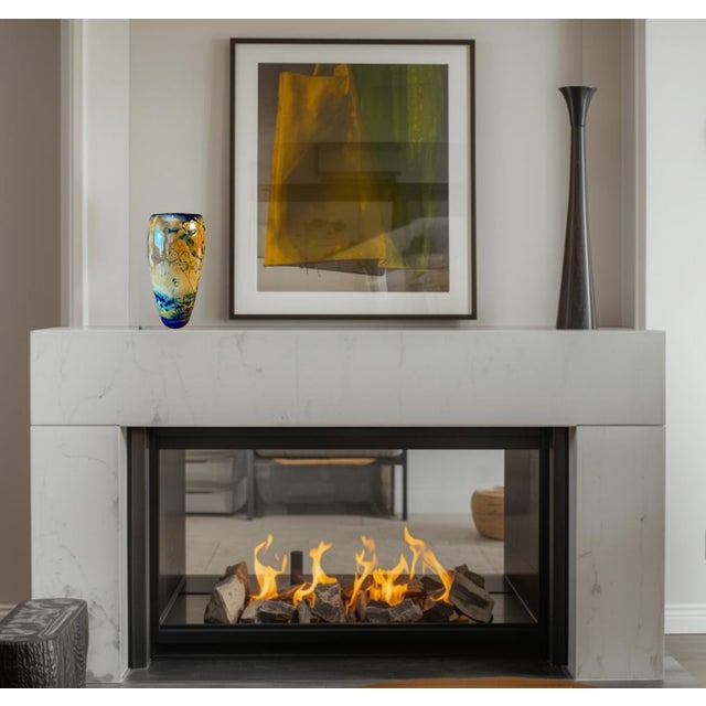 Abstract Textural Art Glass Amber Blue Ovoid Vase For Sale In New York - Image 6 of 17