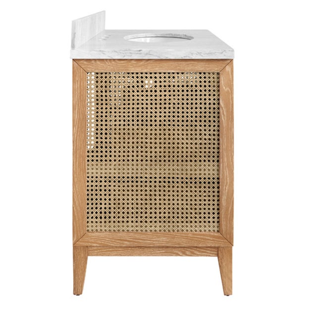 Wood Matthew Izzo Home Wynn Cerused Oak Single Porcelain Sink, Two Door Bath Vanity With Carrara Marble Top and Brass Knobs For Sale - Image 7 of 9