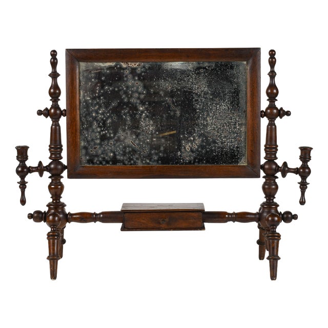 Walnut Dressing Table Mirror with Drawer and Candle Holder, Italy, Late 19th Century For Sale