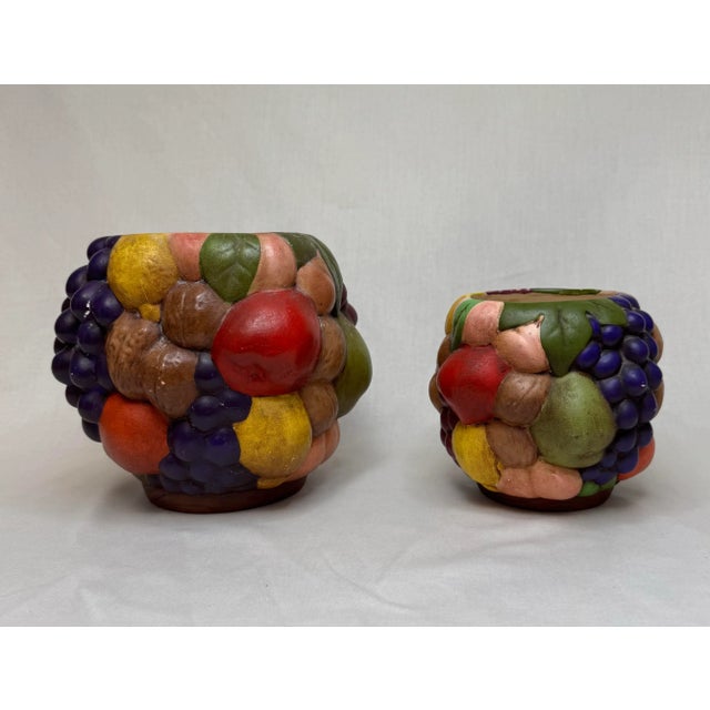 Shabby Chic Vintage Mid Century Traditional Style Fruit Multicolor Ceramic Vases- A Pair For Sale - Image 3 of 11