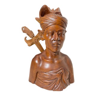1940s Carved Wood Balinese Indonesian Man Sword Bust Sculpture Letter Opener For Sale