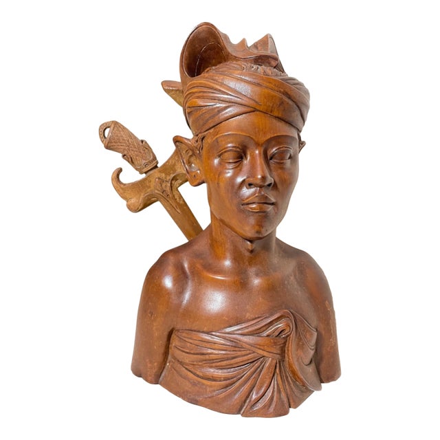 1940s Carved Wood Balinese Indonesian Man Sword Bust Sculpture Letter Opener For Sale