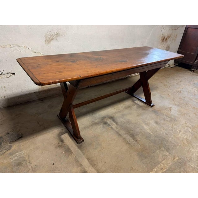 Antique 19th Century Farmhouse Rustic Style Trestle Base Solid Wood Dining Table For Sale - Image 13 of 18