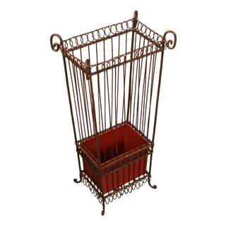 Vintage Wrought Iron Umbrella Stand with Red Liner For Sale