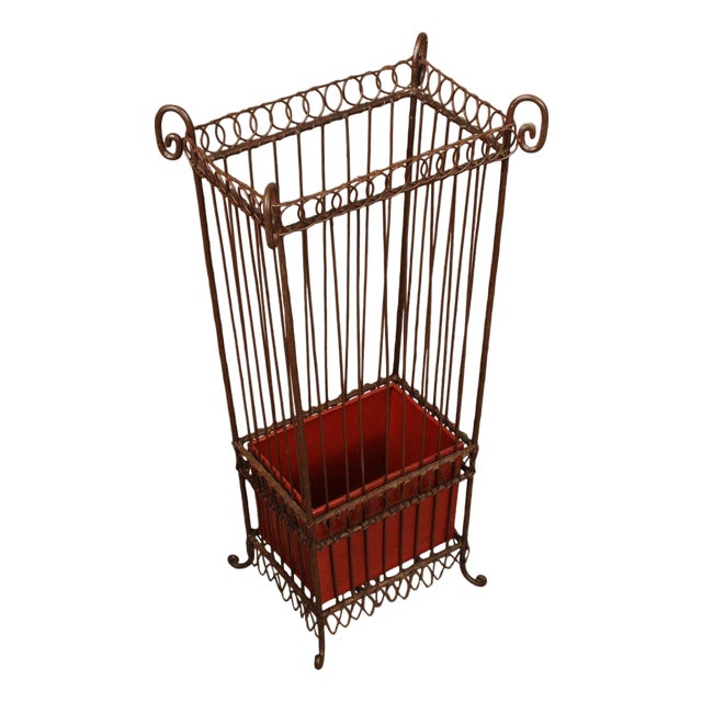 Vintage Wrought Iron Umbrella Stand with Red Liner For Sale