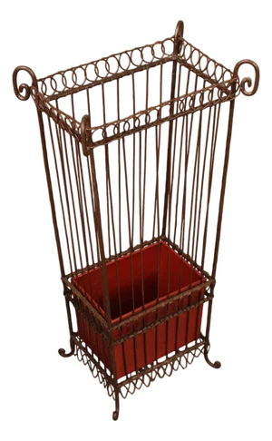 Vintage Wrought Iron Umbrella Stand with Red Liner