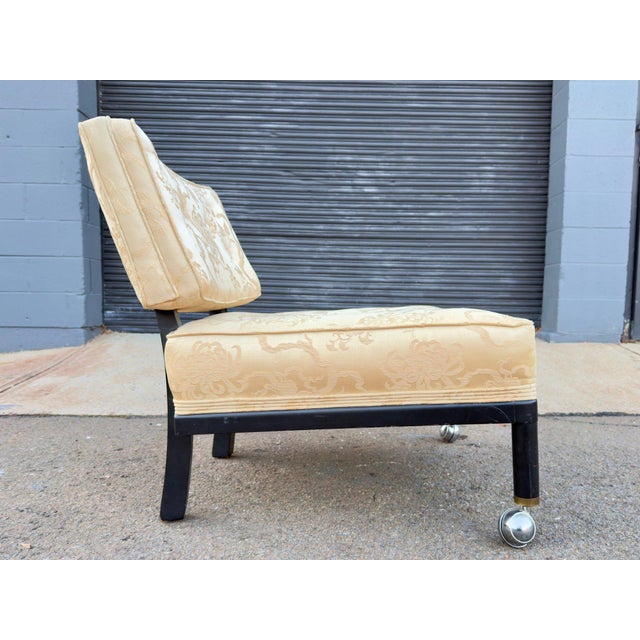 Textile Vintage Mid-Century Modern Slipper Lounge Chair, Ebonized Frame, Chrome Ball Casters, Tufted Brocade, Probber Style For Sale - Image 7 of 11