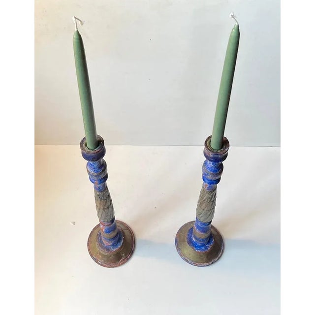 Vintage Rustic Candleholders in Painted Wood, 1970s, Set of 2 For Sale - Image 4 of 7