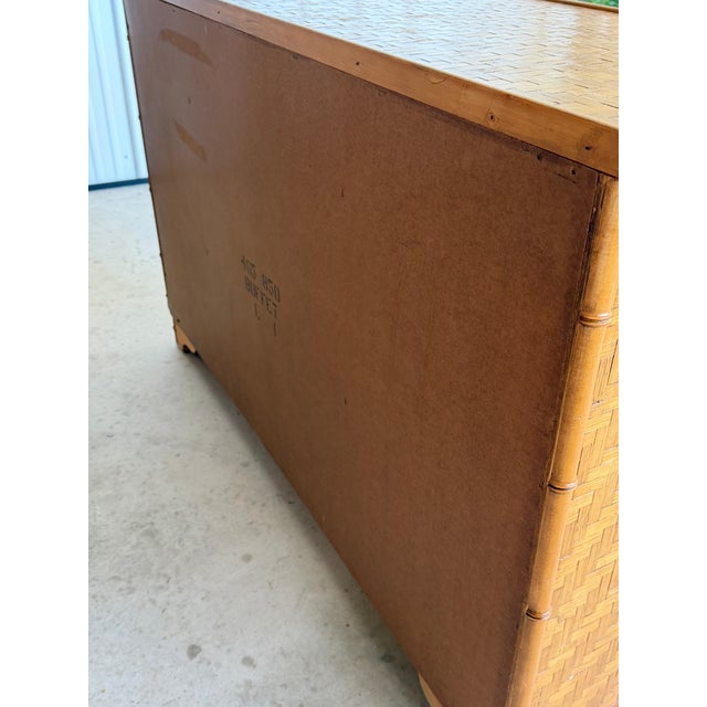 Dixie Furniture Co. Vintage Boho Coastal Dixie Campaign Style Faux Bamboo Sideboard With Herringbone Panels For Sale - Image 4 of 12