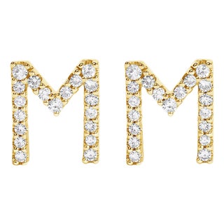 10K Yellow Gold 1/10 Cttw Diamond 'M' Initial Stud Earring For Sale