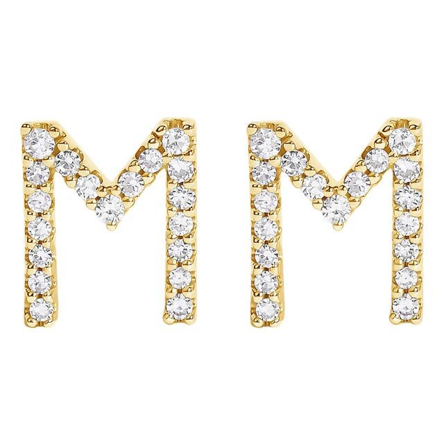 10K Yellow Gold 1/10 Cttw Diamond 'M' Initial Stud Earring For Sale
