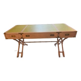 Mid Century Campaign Desk With Faux Leather Top and Brass Hardware For Sale