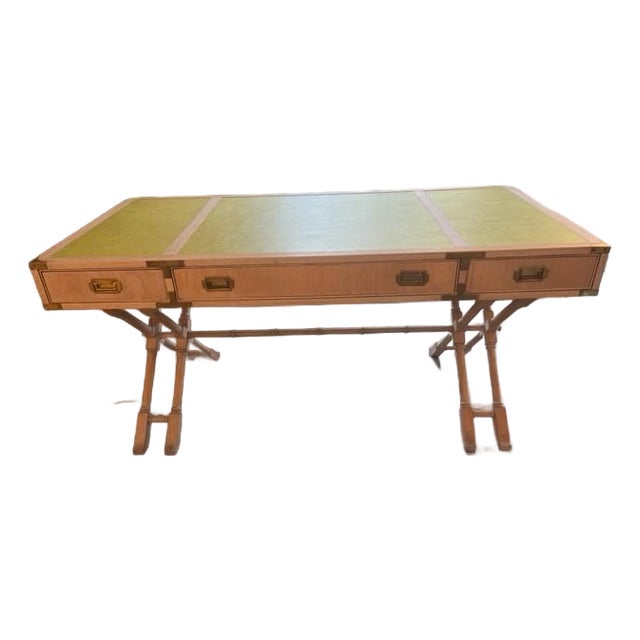 Mid Century Campaign Desk With Faux Leather Top and Brass Hardware For Sale