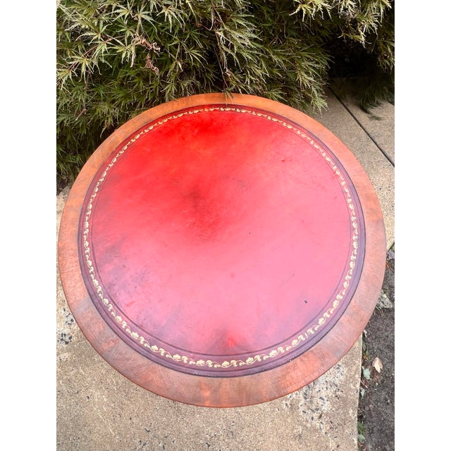 Wood Vintage Regency Style Mahogany Red Leather Top Drum Table Carved Base For Sale - Image 7 of 9