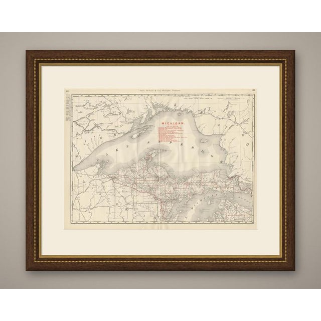 Copper country fills this antique map of Northern Michigan and Lake Superior from the Rand McNally indexed atlas of 1899,...