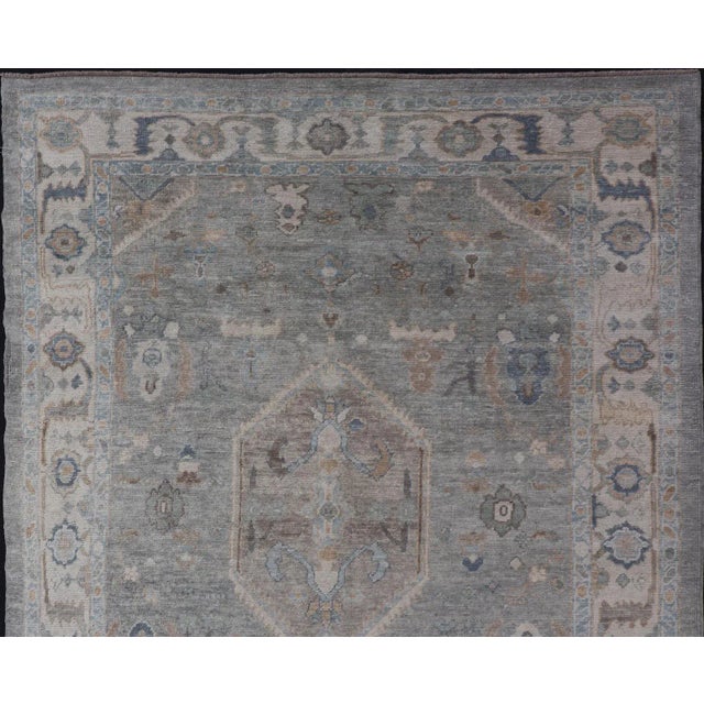 Turkish Modern Oushak Rug in Medallion Design in Gray-Blue and Marigold For Sale In Atlanta - Image 6 of 11
