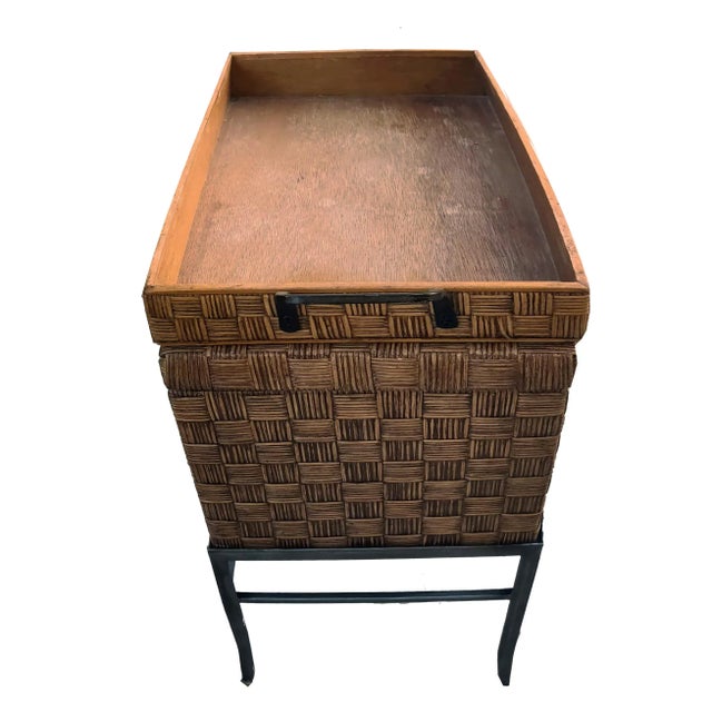 Crosshatched Wicker Reed Wrapped Hinge Lidded Keepsake Box on Metal Stand - 3 Pc Set For Sale - Image 4 of 11