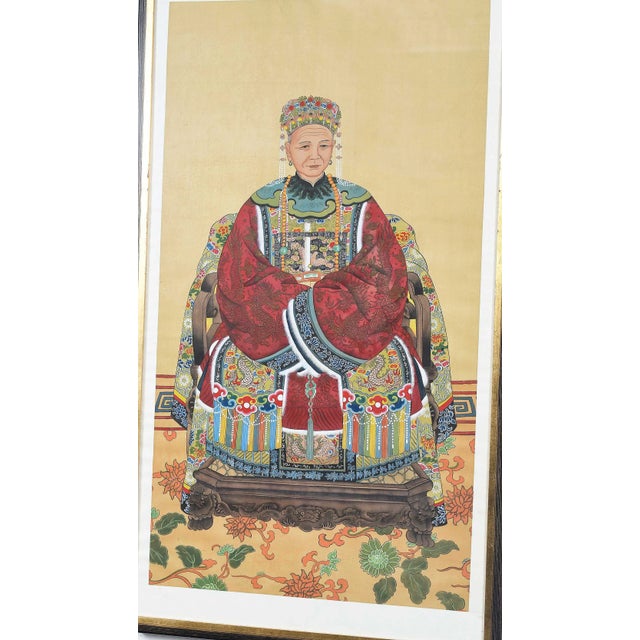 Pair Vintage Chinese Ancestral Painted on Silk Framed Portraits For Sale - Image 4 of 8