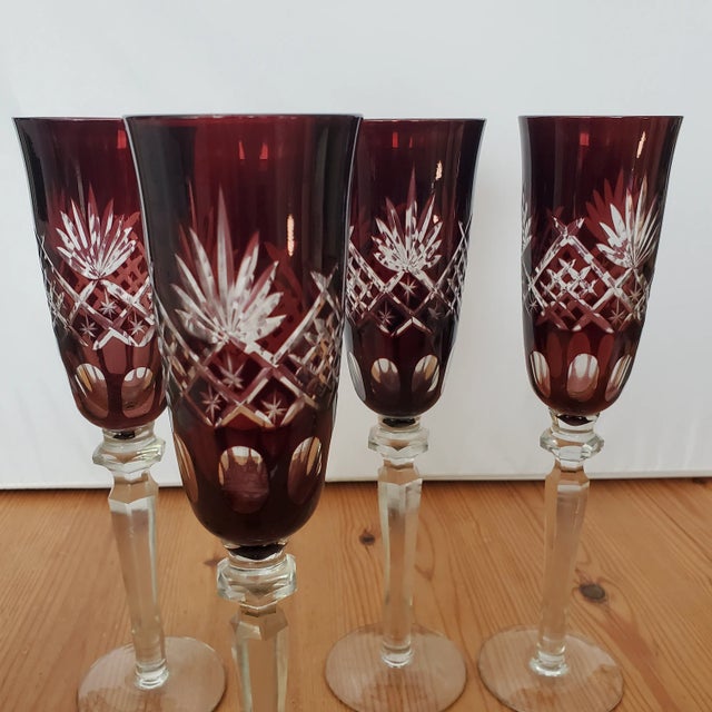Art Deco Mid 20th Century Ruby Cut to Clear Flutes- Set of 4 For Sale - Image 3 of 6