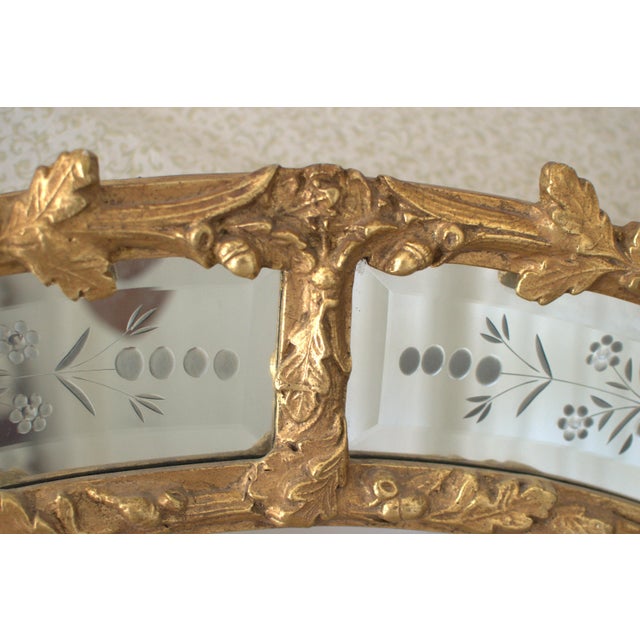 Victorian Vintage Hollywood Regency Gold Gilt Oval Mirror W / Etched Floral Bevel Glass Border, Leaf & Acorn Ornate Frame- 50" For Sale - Image 3 of 18