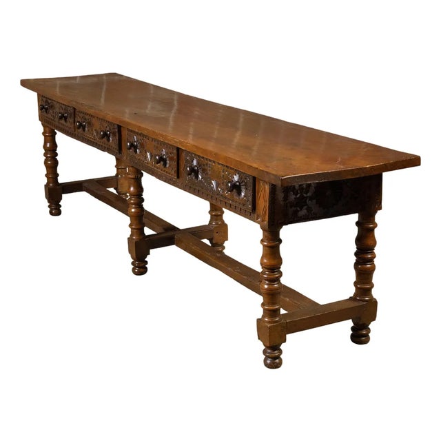 Spanish Colonial 18th Century Walnut Table with Four Richly Carved Drawers For Sale