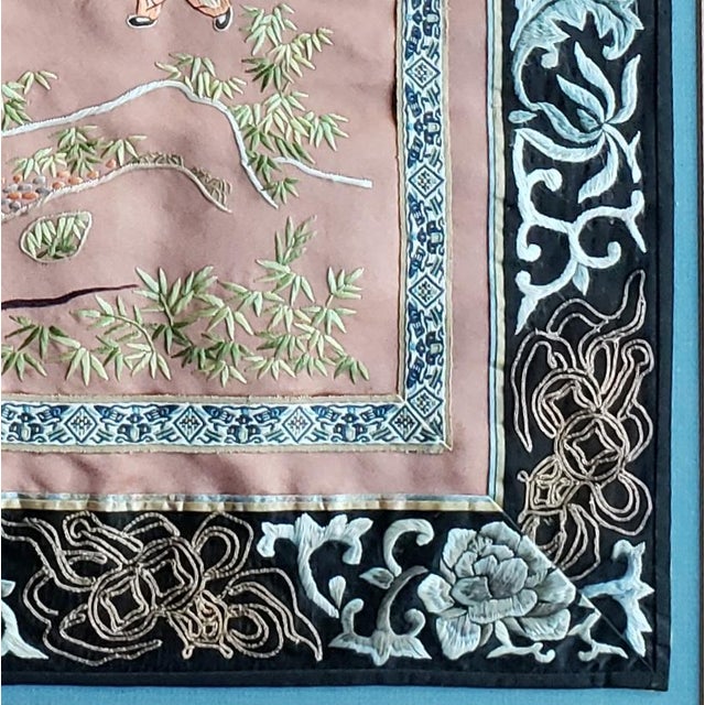 Large Antique Chinese Chinoiserie Silk Embroidered Dragon Panel | Mounted Textile Wall Art For Sale - Image 4 of 8