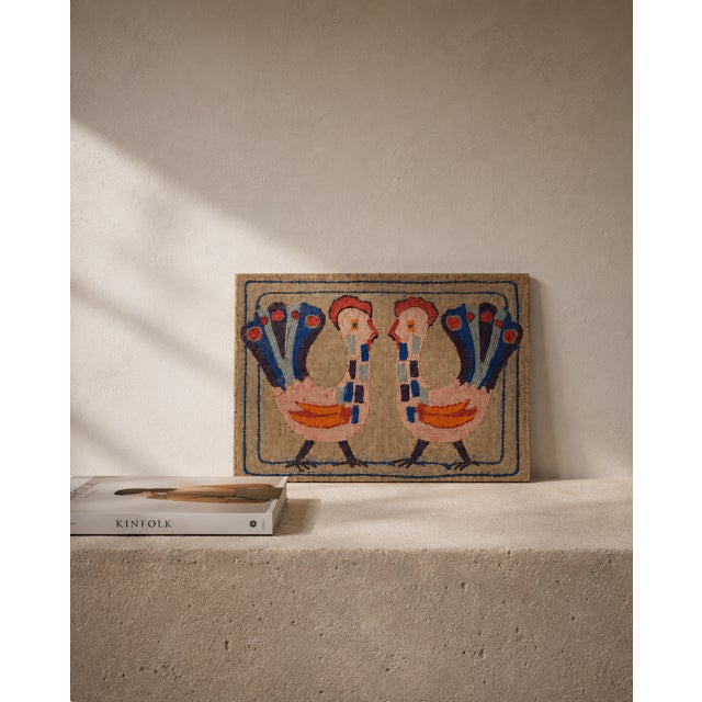 An exceptional and charming 1950s Scandinavian folk art yarn painting (Garnmålning), likely of Swedish origin. This unique...