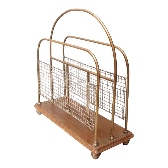1920’s English Brass & Oak Magazine Rack For Sale