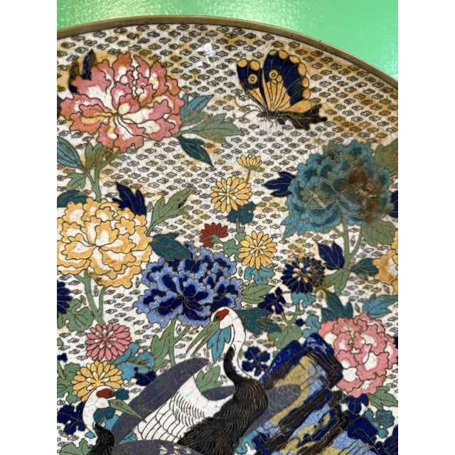 Large Meiji Japanese Cloisonne Enamel Charger Cranes Peonies Butterfly Floral For Sale - Image 4 of 12