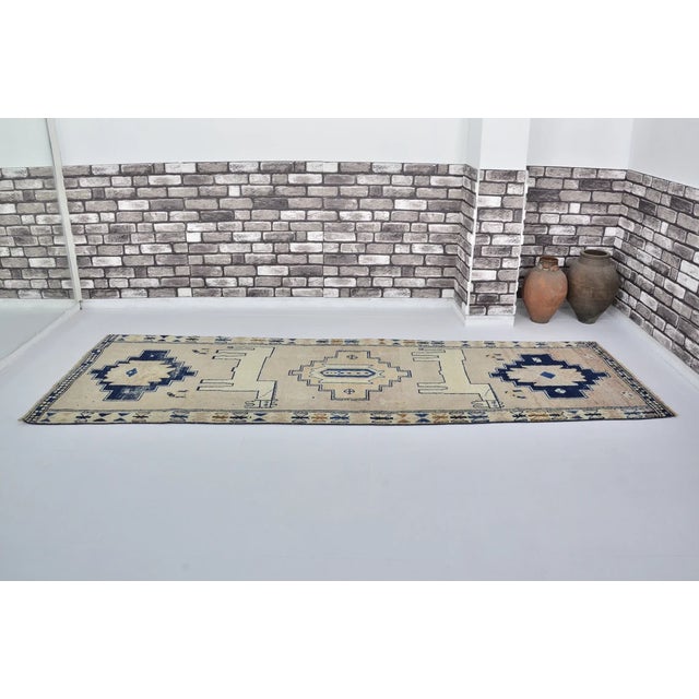 Turkish Vintage Anatolian Wool Runner, Hand-Woven Kilim With Deep Blue Geometric and Animal Motifs For Sale - Image 3 of 10