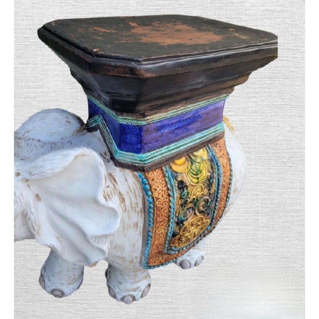 Ceramic Vintage Huge Italian Terracotta Trunk Up Colorful Hollywood Regency Elephant Garden Stool For Sale - Image 7 of 9