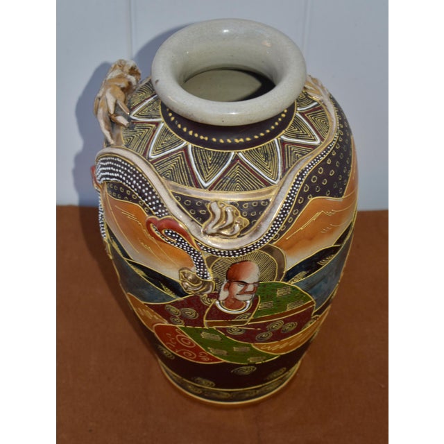 Brown Vintage Japanese Satsuma Moriage Vase Kannon Goddess & Rakan Dragon For Sale - Image 8 of 14