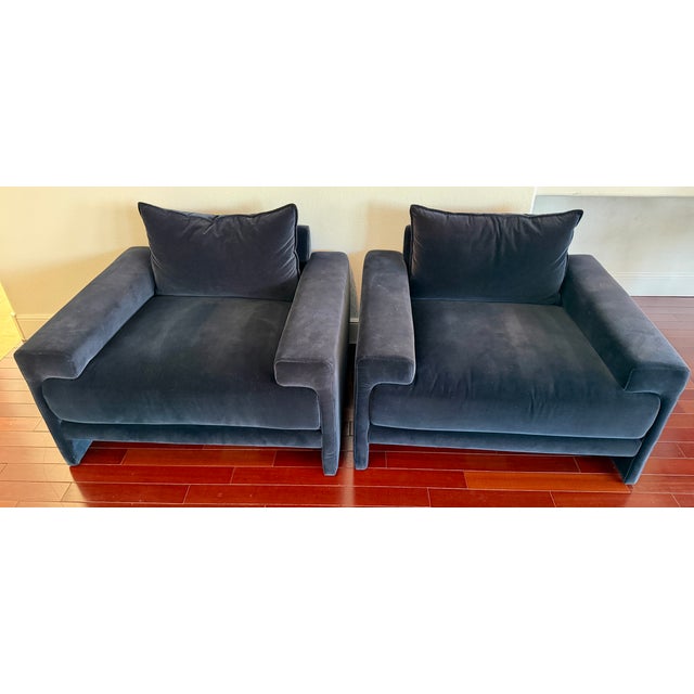 Contemporary Cb2 Designer Lounge Chairs (4 or 2 Pairs Available) - Navy Blue Velvet Fabric For Sale - Image 3 of 8