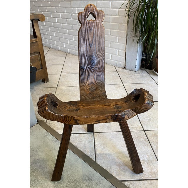 Vintage Brutalist Tripod Chair in Carved Wood, 1970s For Sale - Image 13 of 18