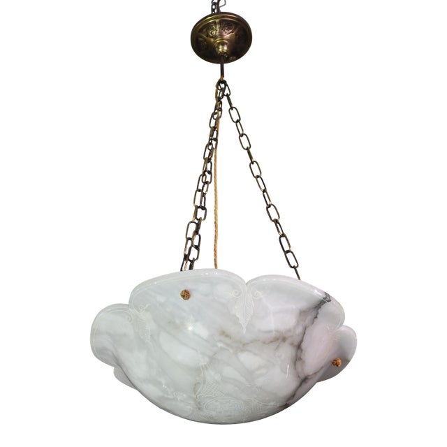 1950s Great Design Extra Large Size Art Deco White Alabaster Chandelier For Sale