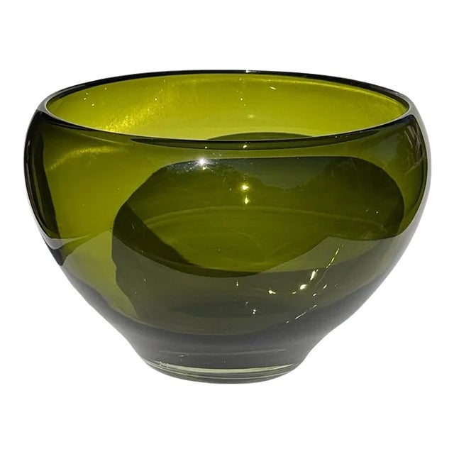 Vintage Hand Blown Green Glass Bowl For Sale