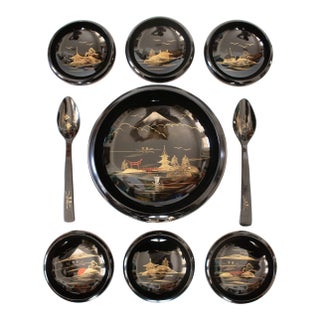 Japanese Aizu Lacquered Black Wood Salad Bowls & Spoons, Set of 9 Pieces For Sale