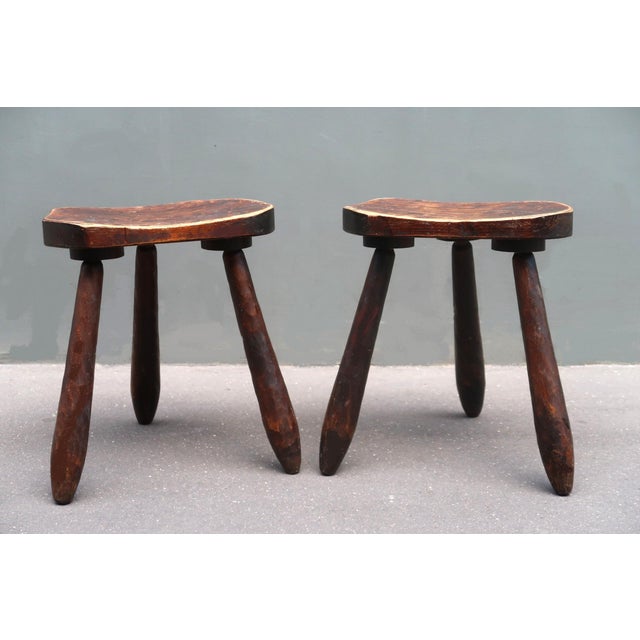 Pair of mid-century milking stools French regionalist brutalist work from the middle of the XXth century. Can also be used...