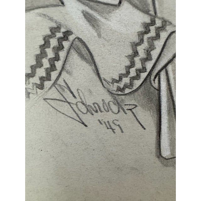 1940s 1940s Original Signed Graphite Illustration of Young Girl in Bonnet, 11.75 × 9 In. For Sale - Image 5 of 5