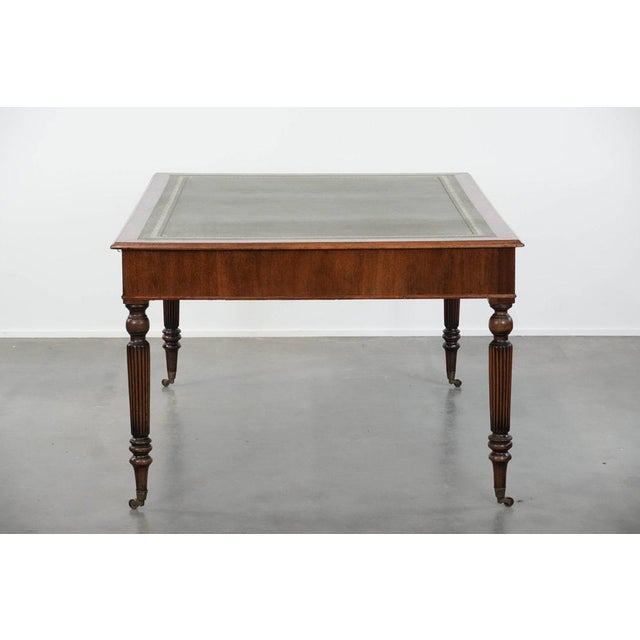 Antique English Style Writing Partner Desk with 6 Drawers and Dark Green Leather Top, Early 20th Century For Sale - Image 6 of 15