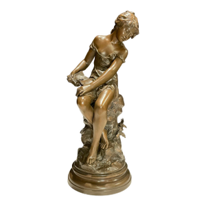 Late 19th Century Bronze Young Girl with Book and Rose "Distraite" By August Moreau