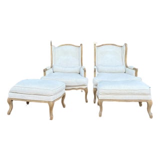 Restoration Hardware Lorraine Wingback Chairs and Matching Ottomans-Set of 2 For Sale