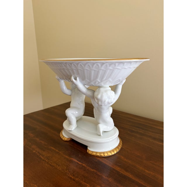 French Provincial Early 20th Century Neoclassical Porcelain Compote With Cherub Supports and Gilt Detail For Sale - Image 3 of 11