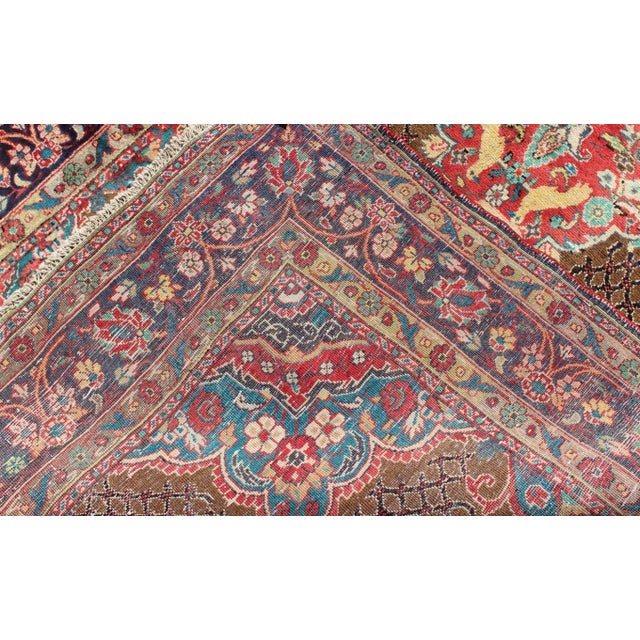 Camel Hair Vintage Persian Serab Rug in Brown, Red, Turquoise and Dark Blue For Sale - Image 12 of 13
