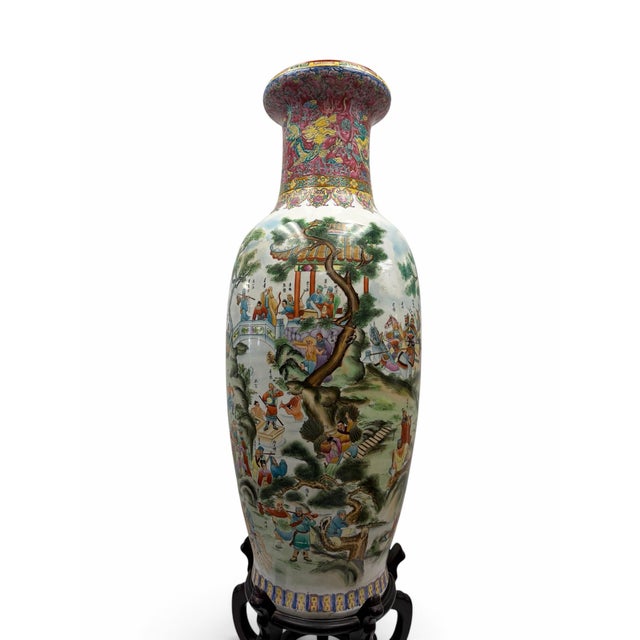 Chinoiserie Monumental Chinese Famille Rose Battle Scene Porcelain Floor Vase & Stand For Sale - Image 3 of 6