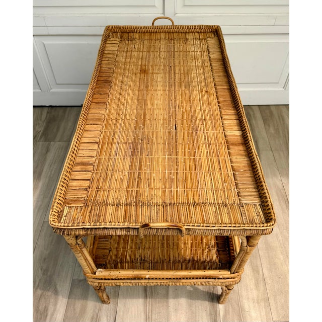 Vintage Bamboo, Rattan & Wicker Two-Tier Console Display Table With Tray Top For Sale - Image 10 of 15