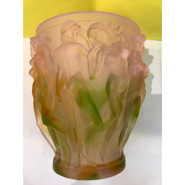 1950s Vintage XL Crystal Heavy Glass Art Vase, Green Pink Ombré Naked Ladies For Sale - Image 4 of 13