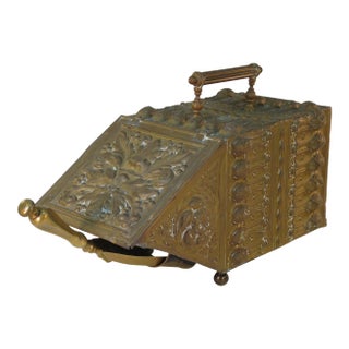 Coal Box, Hod, Scuttle Antique Brass Scottish Victorian Embossed Man in the wood For Sale