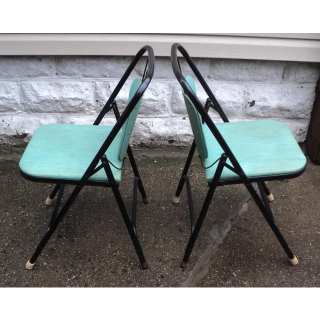 Metal Mid 20th Century Vintage Green & Black Shott Mid Century 50s Atomic Folding Chairs - Set of 2 For Sale - Image 7 of 12