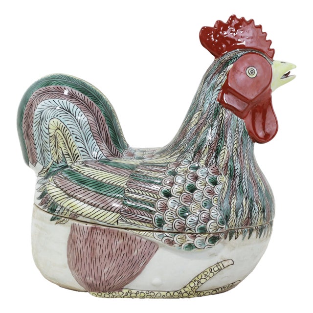 Vintage Chinese Famille Verte Porcelain Rooster Hand-Painted Covered Bowl For Sale